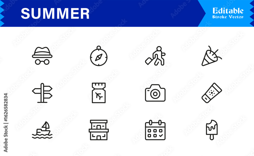 Fototapeta premium Summer Vacation Icon Set – Bright, Colorful, and Modern Vector Icons for Seasonal Designs and Sunny Projects