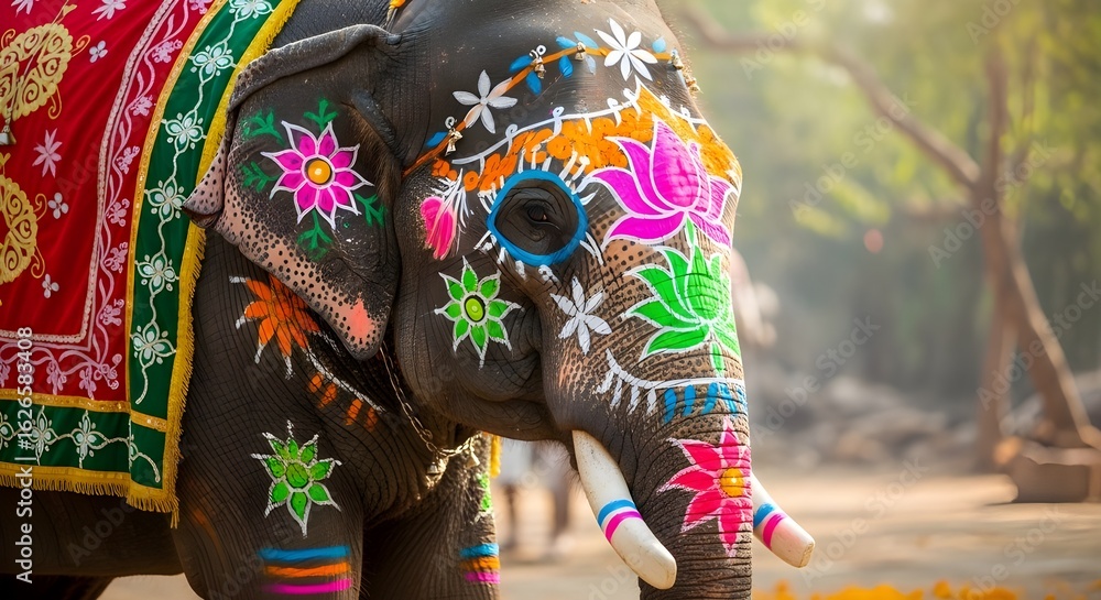Obraz premium A majestically decorated elephant with vibrant, colorful floral paintings celebrating a traditional festival in India.