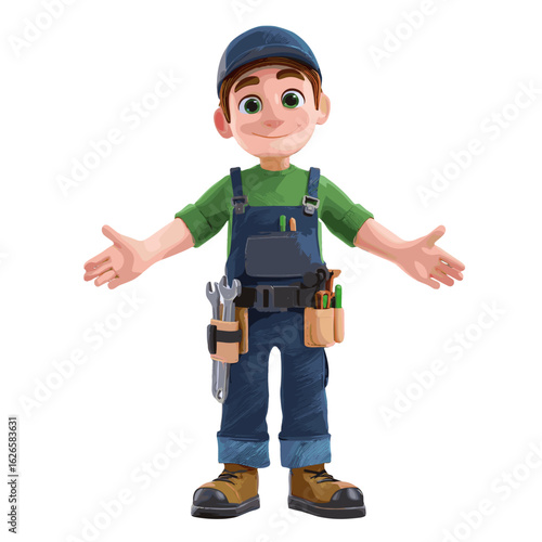A cartoon-style man in overalls.