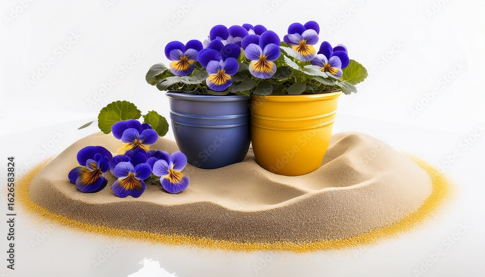 a cluster of violets atop a sandy shore alongside a blue and yellow pot near a white backdrop a cluster of violets atop a sandy shore alongside a blue and yellow pot near a white backdrop