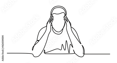 Continuous line art of a man who is stressed and tired of his work. The concept of exhaustion after a long day at work.