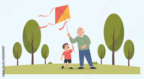 Happy National Senior Citizens Day celebration with a grandfather and his grandson flying a kite together in the park vector design


