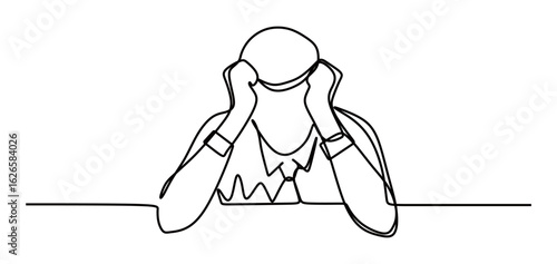 Continuous line art of a man who is stressed and tired of his work. The concept of exhaustion after a long day at work.