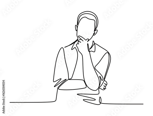 continuous line art of a man pensive and deep in thought about his work. concept of thinking about work planning