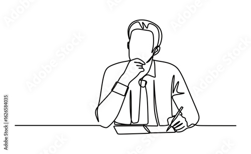 continuous line art of a man pensive and deep in thought about his work. concept of thinking about work planning