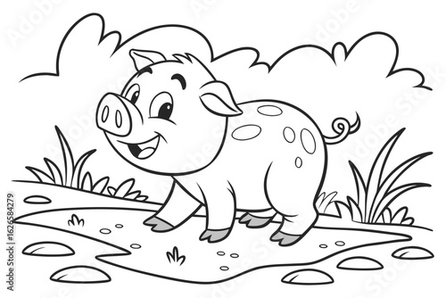 Coloring Pages, smiling piglet in the mud, cartoon style, uncolored, for kids to color