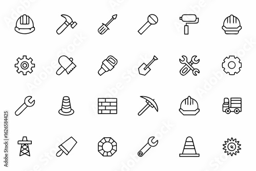 Line art icons representing symbols and tools of Labor Day