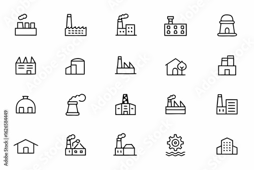 Minimal line illustrations of different types of industrial factories