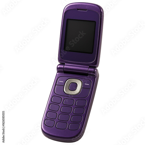Open purple flip phone displaying a black screen Vintage mobile device with numerical keypad on a transparent background