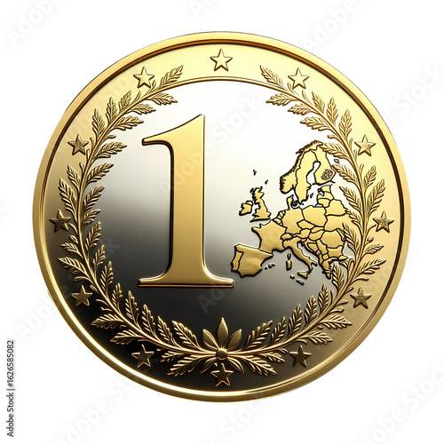 Close up of a gold and silver coin with the number one and a laurel wreath