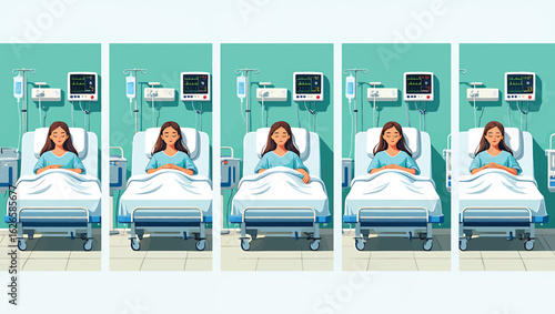 Female patient lying in a hospital bed with medical equipment. Healthcare concept vector.