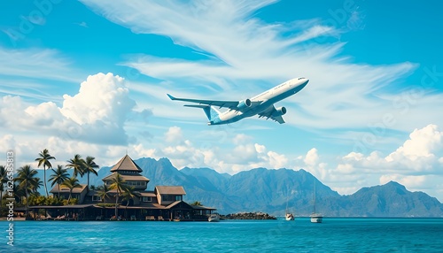 Airplane flying over tropical island resort with turquoise water and mountains