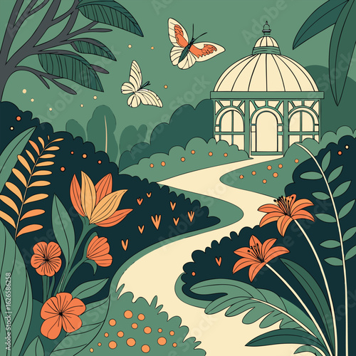 Illustration of a garden with a path leading to a gazebo and butterflies flying above flowers and plants