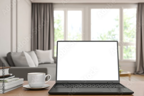 cozy home office scene with a black laptop on a wooden desk, blank white screen facing forward