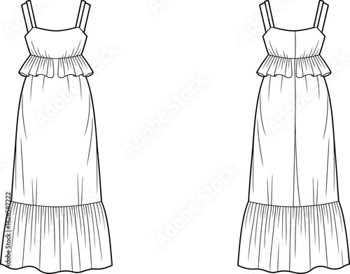 
Flat vector illustration of women’s tiered maxi dress with double shoulder straps, waist ruffle, and gathered hem, front and back views