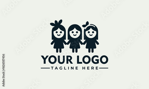 Simple logo design featuring three stylized girls holding hands.
