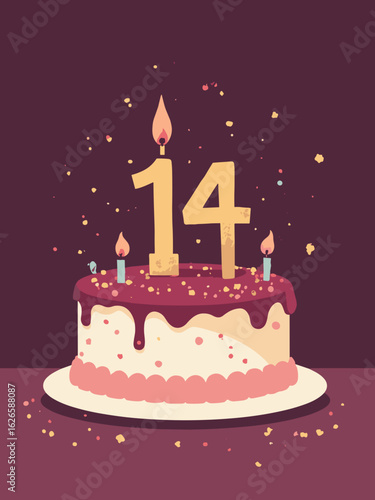Age 14 – Birthday cake with “14” candle, e-reader and bookmark, palette: burgundy, gold, ivory, charcoal