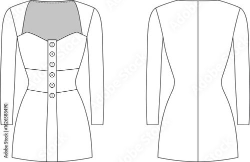 
Flat vector illustration of women's sweetheart neckline mini dress with long sleeves, front button closure, and fitted waistline, front and back views