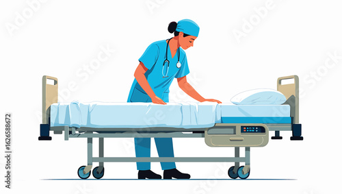 Female nurse in blue scrubs preparing a hospital bed on an isolated white background.