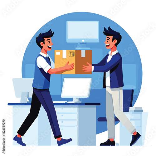 Two businessmen exchanging a delivery package in a modern office vector illustration.