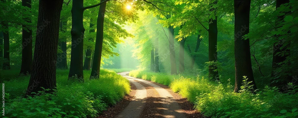 Obraz premium Sun-dappled forest path winding through lush green trees, sunlight filtering through leaves, creating a magical atmosphere Perfect for nature, hiking, and travel themes , ecosystem, canopy, dirt road