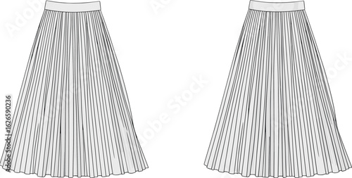 
Vector flat sketch of pleated midi skirt with fitted waistband, front and back views, women's fashion technical illustration