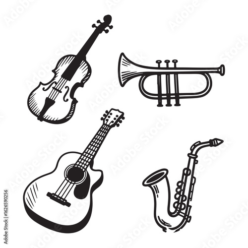 Four Iconic Instruments in Harmonious Sketch Composition