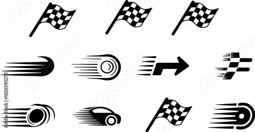 Vector art of set of racing checkered flags and speed motion icons isolated on white background