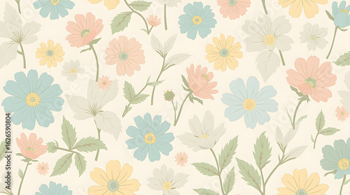 Soft pastel floral pattern with vintage-style flowers and leaves