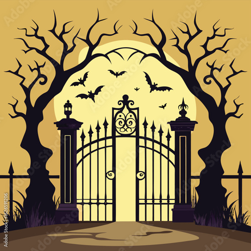 Spooky ornate wrought iron gate silhouette