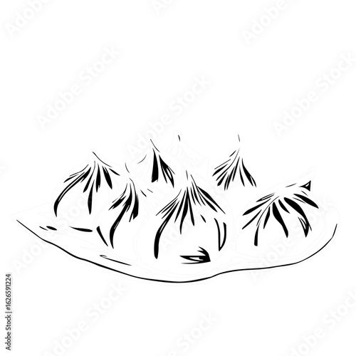 Steaming Dumplings Illustration: Black And White Drawing Of Asian Food On A Plate With Shadow Effect