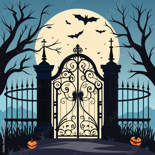 Spooky ornate wrought iron gate silhouette