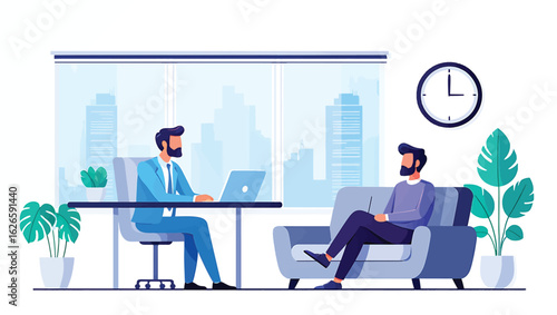 Job interview or business meeting with an HR manager and a candidate in a modern office. Vector illustration.