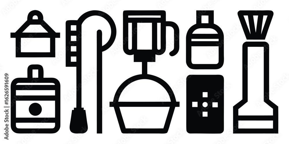 Modern black outline icon collection featuring diverse symbols for web and app design Modern black outline icon collection featuring diverse symbols for web and app design