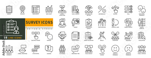 Minimalist Survey line icons set with editable stroke, featuring reward, web survey, bar chart, satisfaction metter, referendum, target, participation, result, yes or no . thin linear illustration.