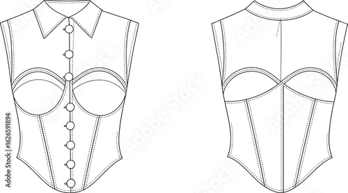 
Vector flat sketch of women's sleeveless corset shirt with collar, front button closure, curved seams, front and back views