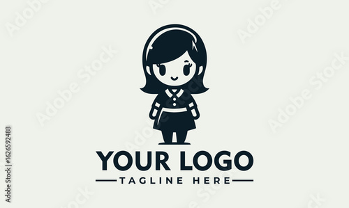 A stylized, cartoon-like illustration of a girl with bobbed hair, wearing a dress and smiling.