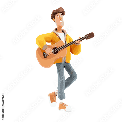 A 3D illustration of a man joyfully playing the guitar.