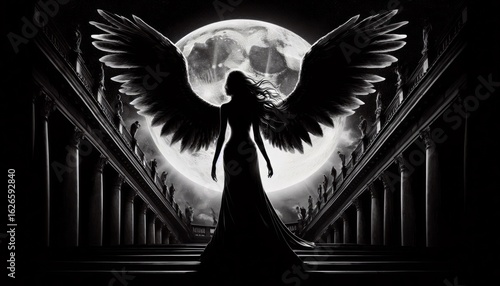 Mysterious winged figure emerges from ethereal light, embodying freedom and power.