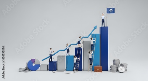 Climbing New Year's Goals: Miniature business people collaborate to climb a 3D bar graph with an upward trend, symbolizing financial growth and successful achievement with a flag.
