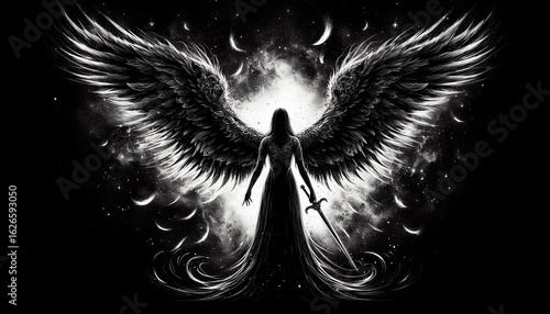 Mysterious winged figure emerges from ethereal light, embodying freedom and power.