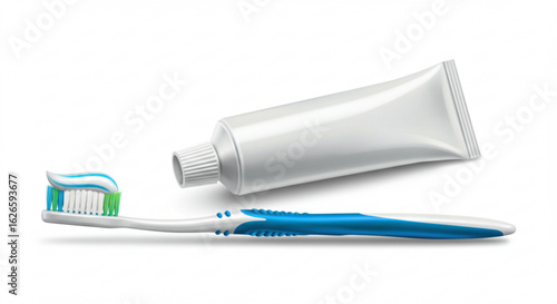 Close up of a toothbrush with toothpaste and a tube of toothpaste on a white background surface vreated with genrated ai