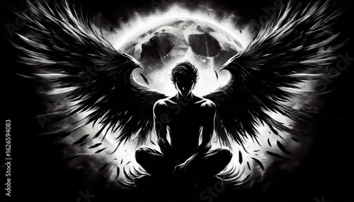 Mysterious winged figure emerges from ethereal light, embodying freedom and power.