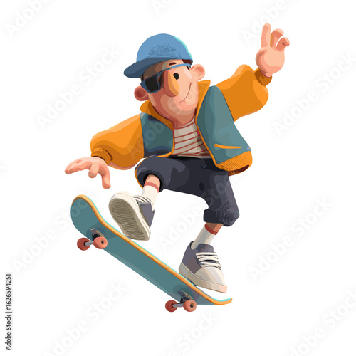 A skateboarding boy with a smiling expression.