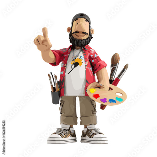 A cartoon artist holding brushes and a color palette.
