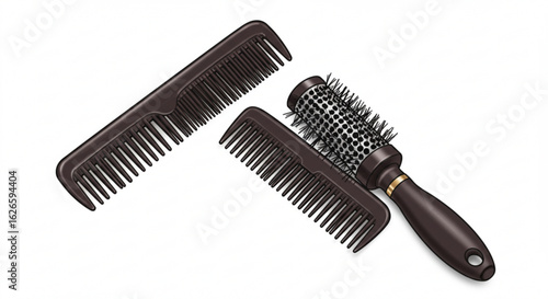 A close up shot of two brown combs and a round brush with a brown handle on a white background vreated with genrated ai