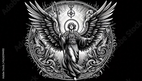 A majestic winged angel, a powerful divine figure with white lines on a black background.