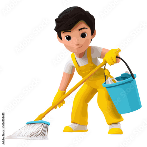 An animated cleaner cheerfully mops the floor, carrying a bucket.