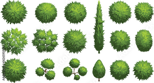 Collection of vector green bushes and decorative trees in top view and side view for landscape design, garden planning, and isometric maps