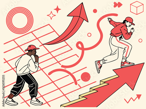 Vector illustration of a business person running down a success arrow